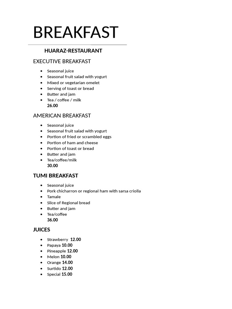 Breakfast Menu at Huaraz Restaurant | PDF | Hamburgers | Western Cuisine