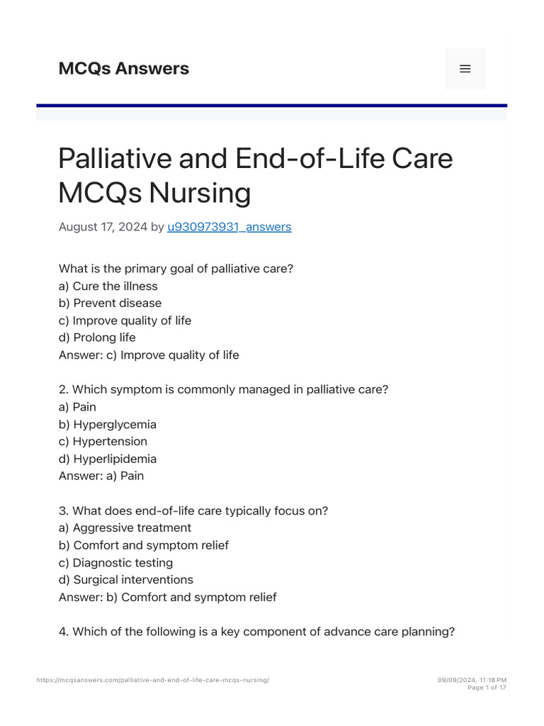 Palliative Care MCQs and Answers | PDF | Palliative Care | End Of Life Care