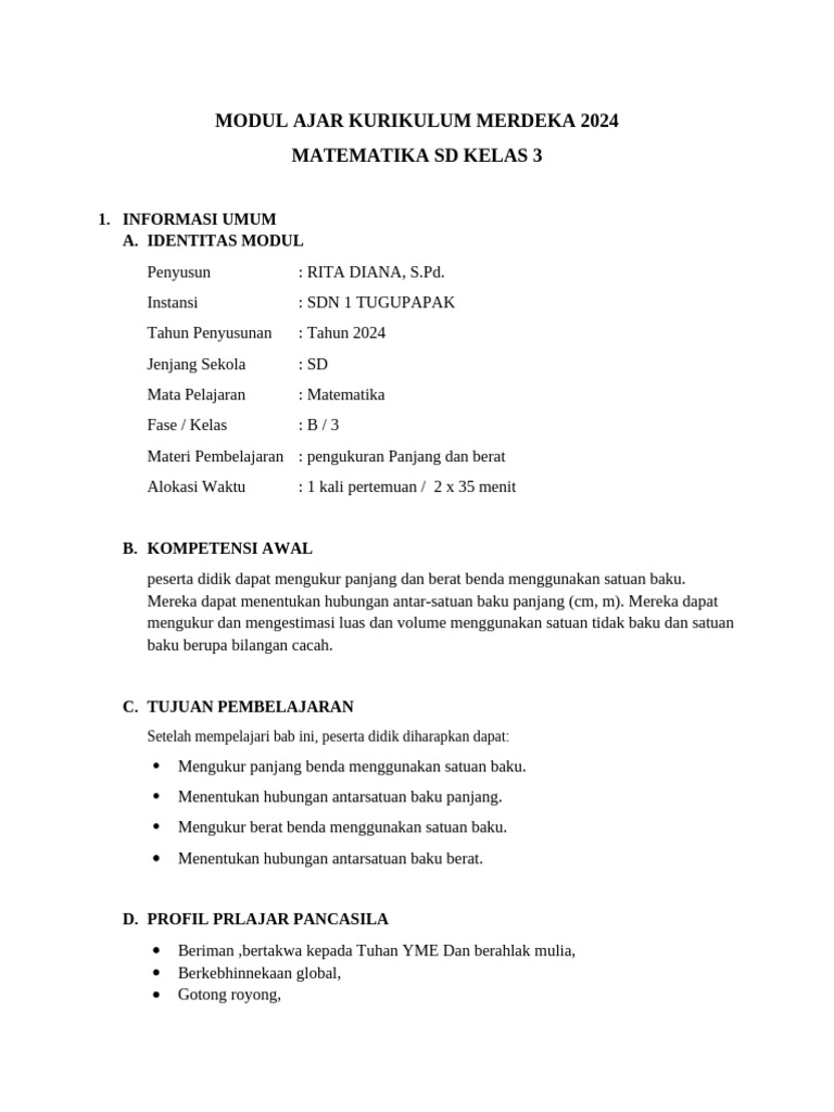 Modul Ajar Matematika SD Kelas 3 | PDF