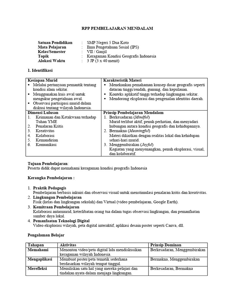 RPP Pembelajaran Mendalam IPS Kelas VII | PDF