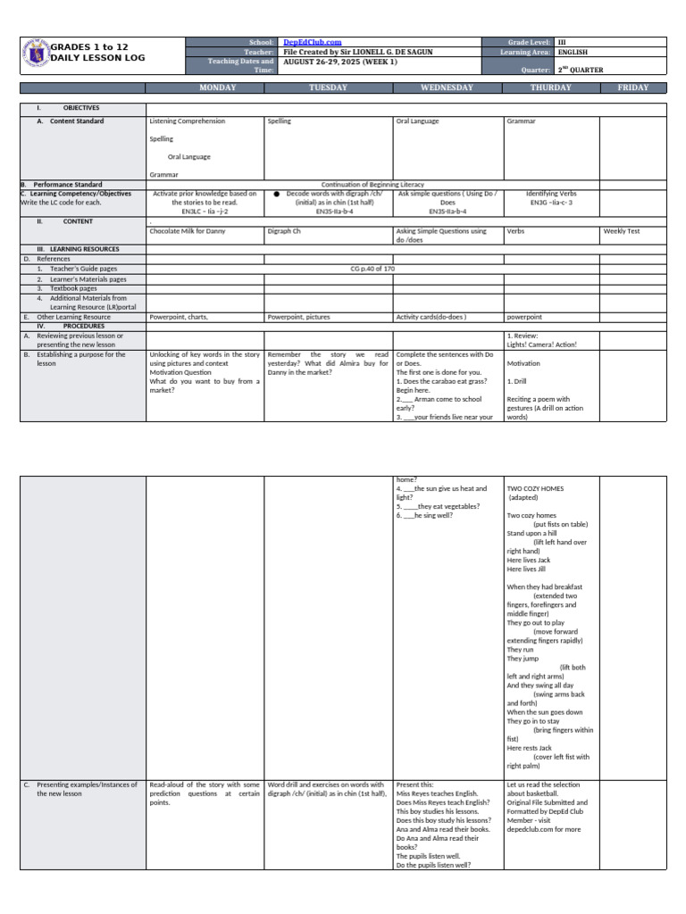 Grade 3 English Lesson Plan Activities | PDF | Learning | Linguistics