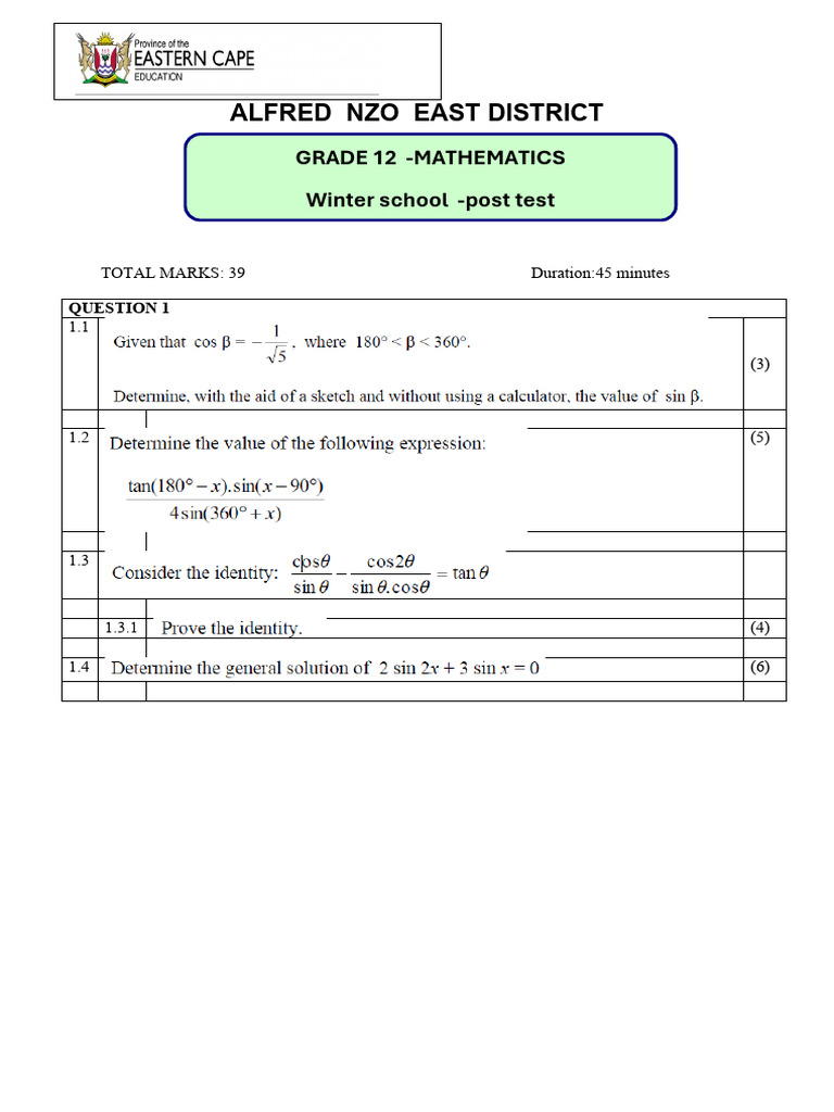 Grade 12 Mathematics Post Test 2025 | PDF