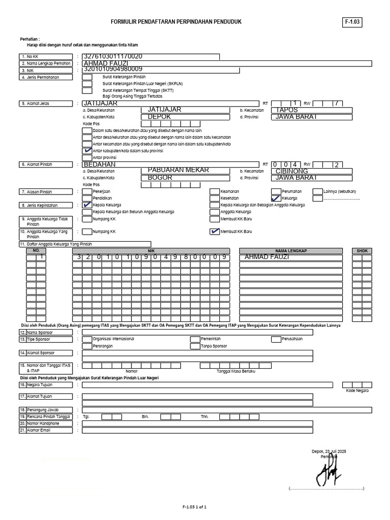Formulir Permohonan Pindah Penduduk | PDF