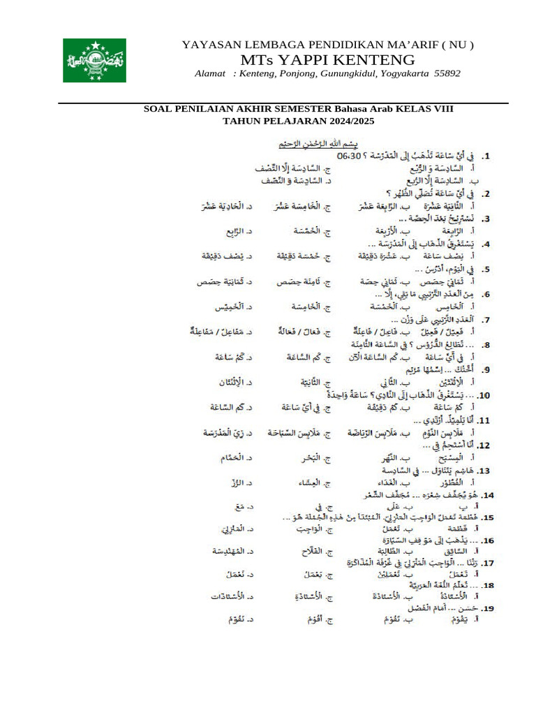 Soal Bahasa Arab Kelas VIII 2024/2025 | PDF