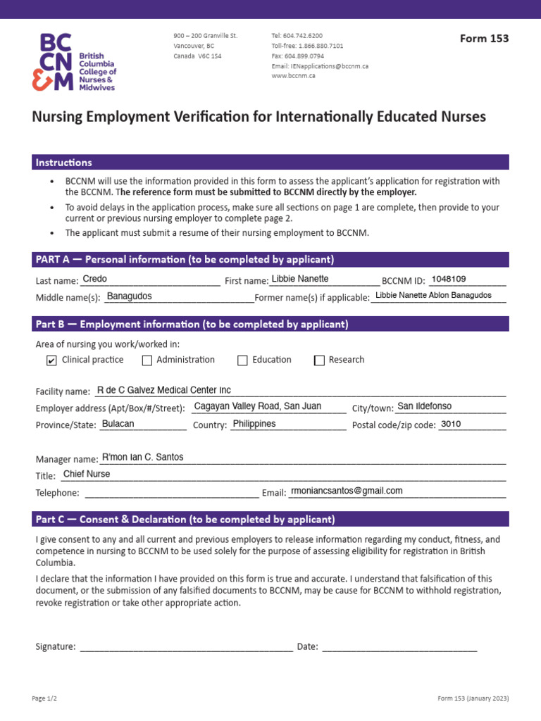 BCCNM Form 153: Employment Verification | PDF