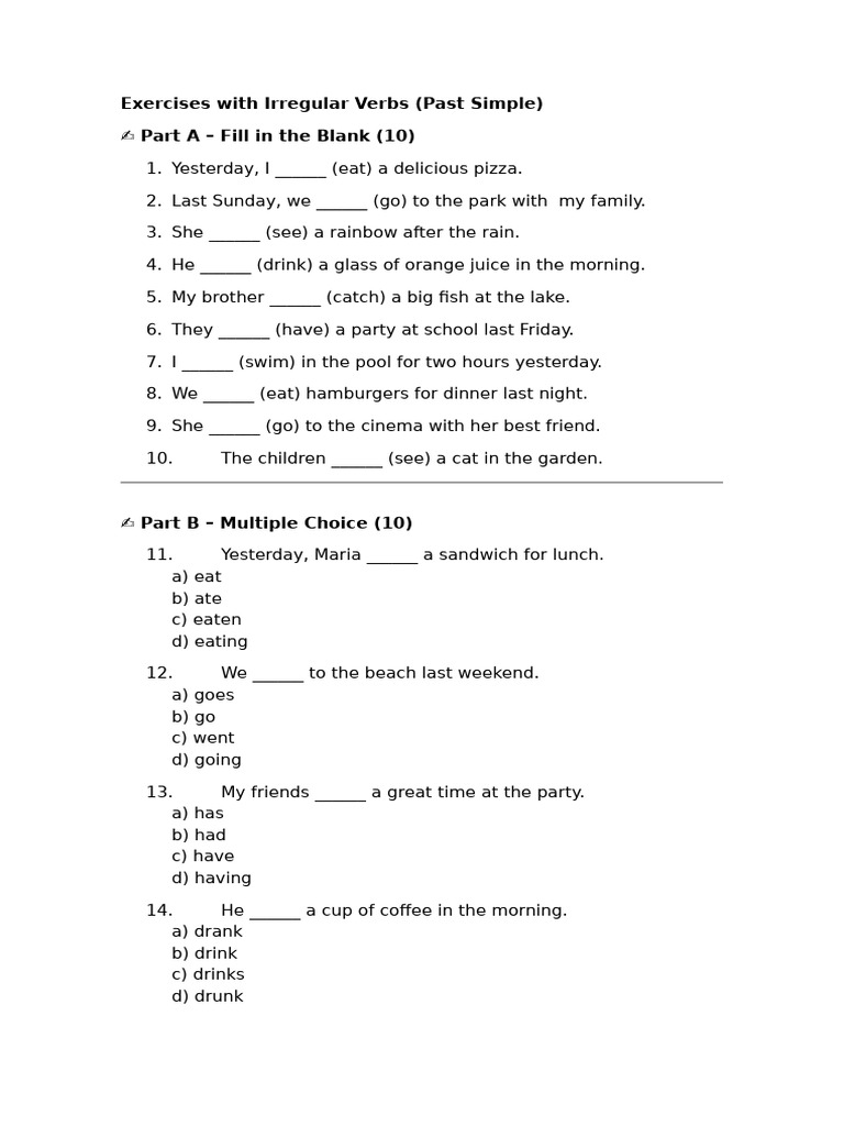 Irregular Verbs Exercises Worksheet | PDF
