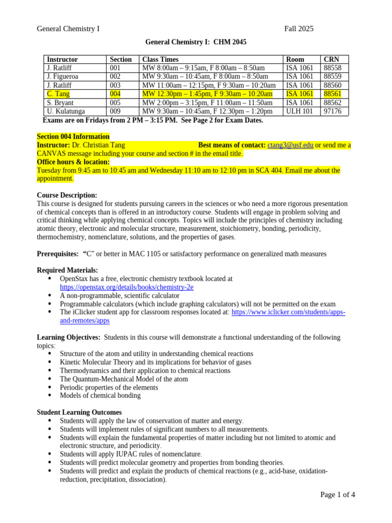 Fall 2025 General Chemistry I Course Details | PDF | Chemical Bond ...
