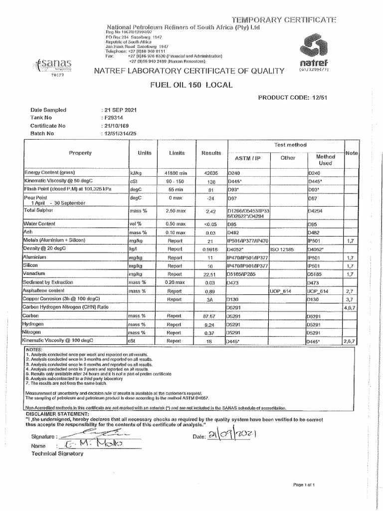 HFO 150 Natref Analysis | PDF