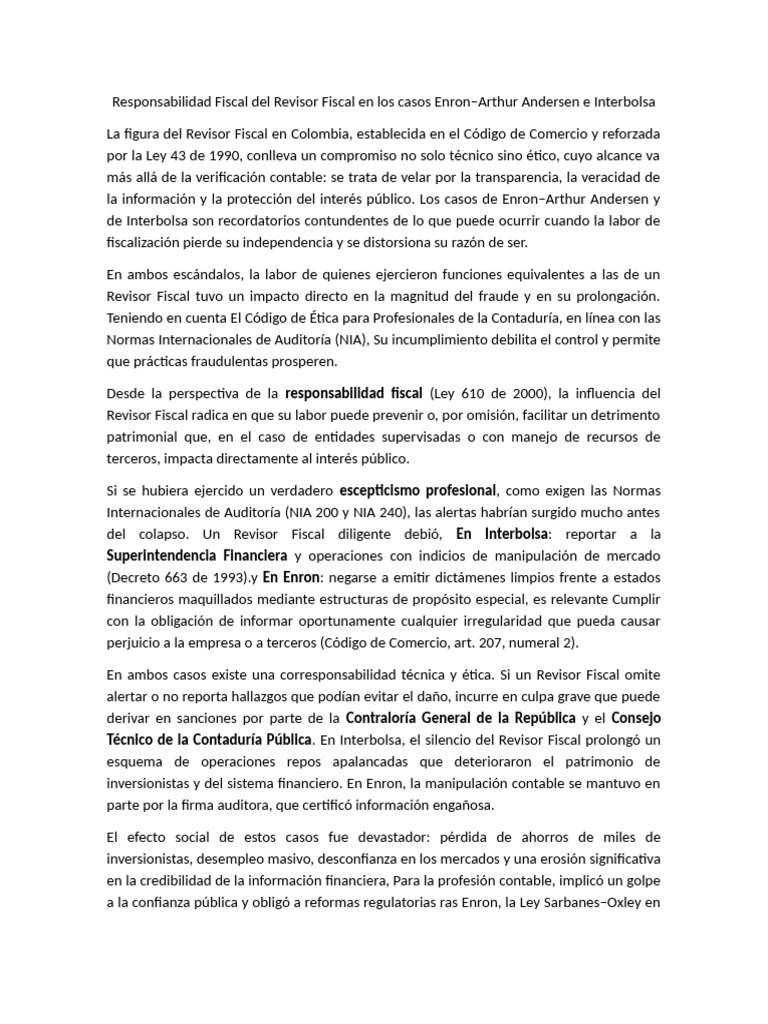 Responsabilidad Fiscal del Revisor Fiscal | PDF | Enron | Auditoría