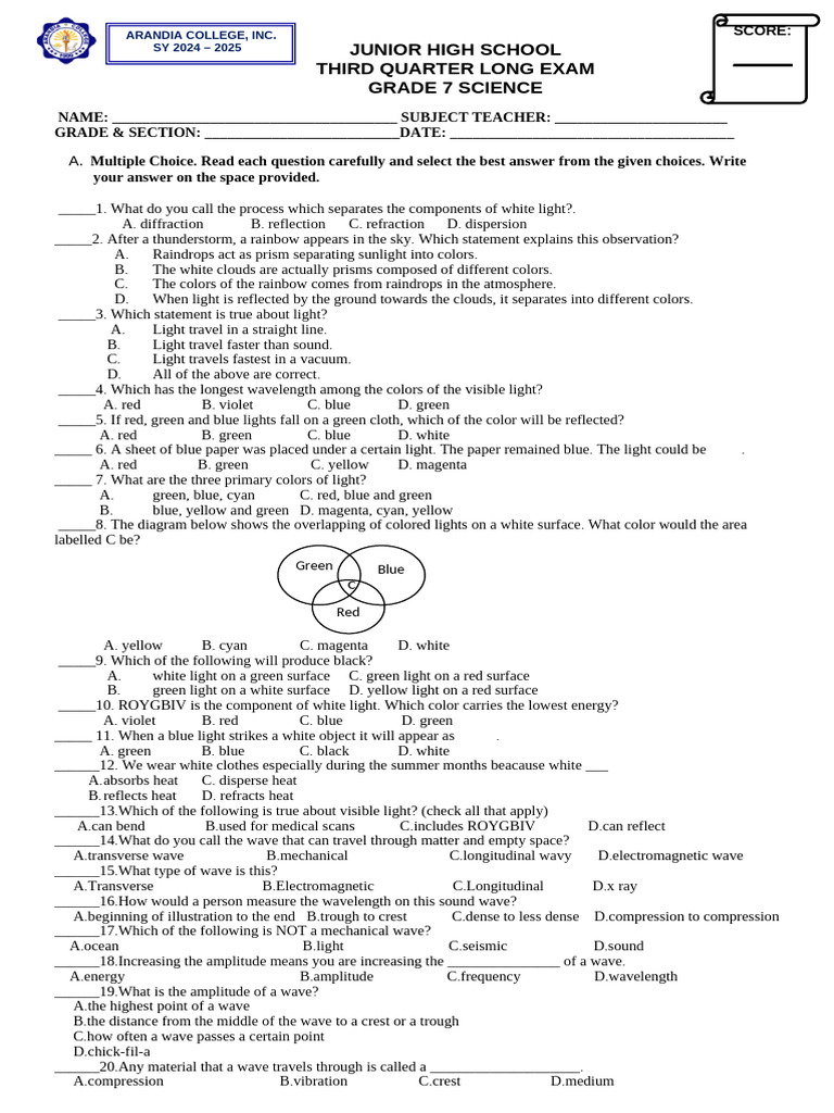 Grade 7 Science Long Exam Guide | PDF | Waves | Light