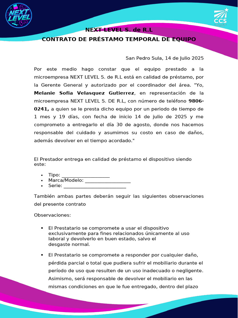 Contrato de Préstamo de Equipo Next Level | PDF