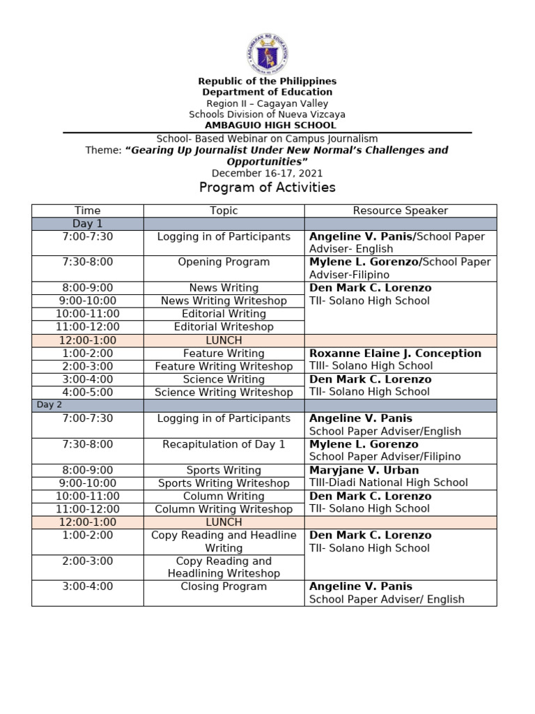 Program of Activities | PDF | Communication | Journalism