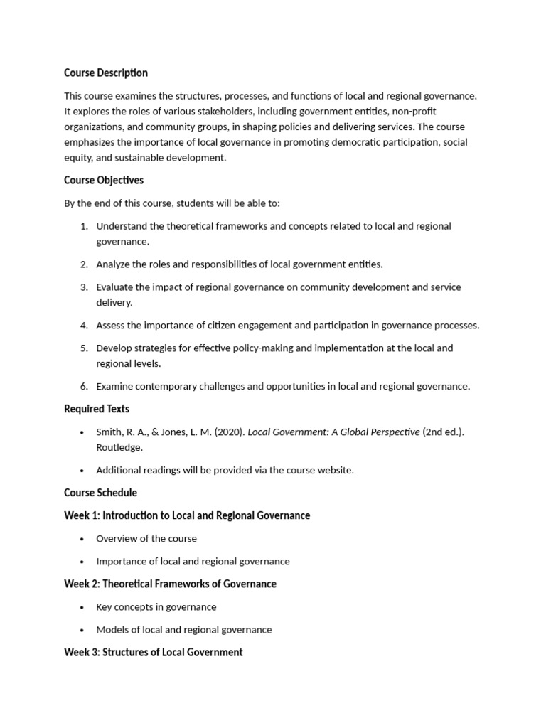 Local and Regional Governance Course Overview | PDF | Governance | Policy