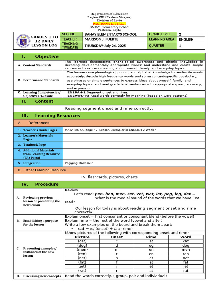 Grade 2 English Lesson Plan: Onset and Rime | PDF | Syllable | Human ...