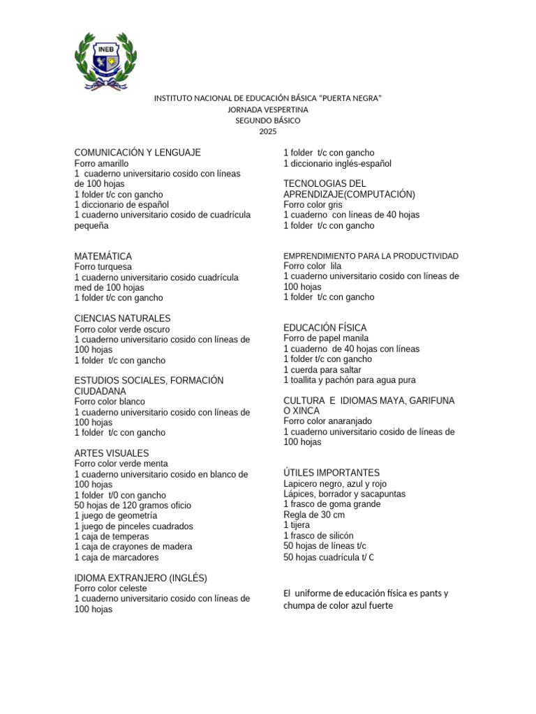 Lista de Útiles para Segundo Básico 2025 | PDF | Color | Tecnicas ...