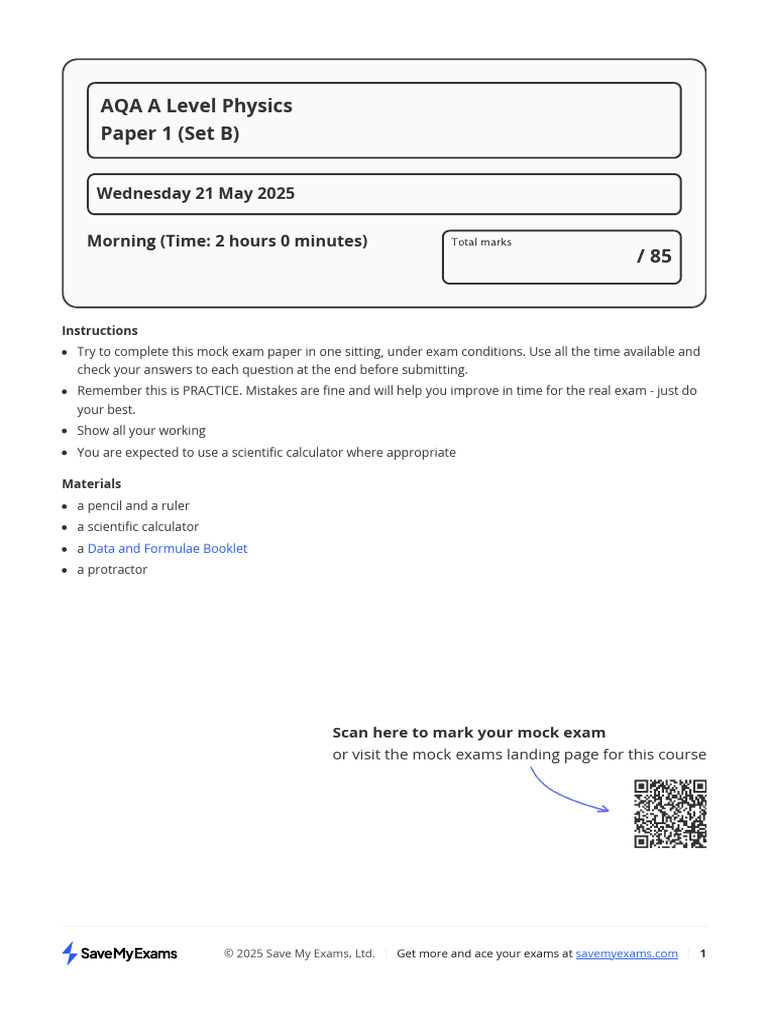 AQA A Level Physics Paper 1 (Set B) : Wednesday 21 May 2025 Morning ...