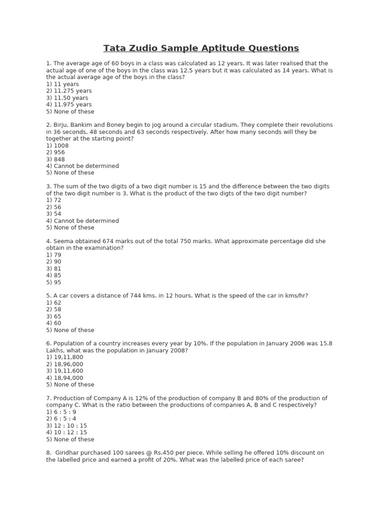 Tata Zudio Aptitude Test Questions | PDF | Rectangle | Area