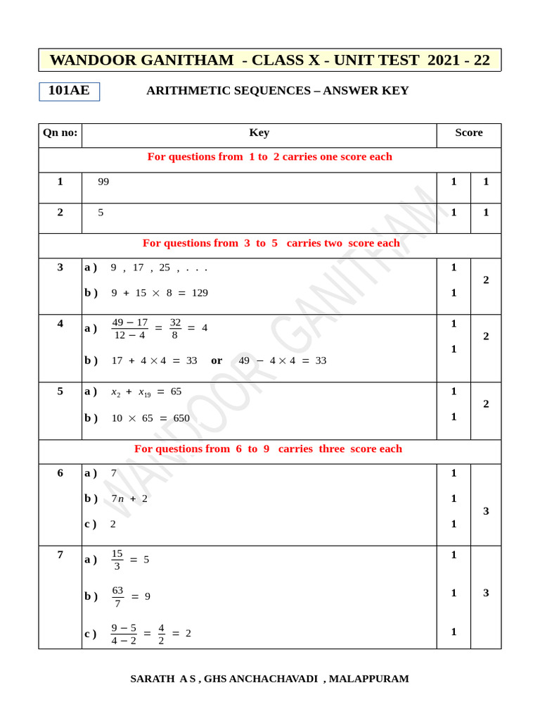 Class X Arithmetic Sequences Test Key | PDF