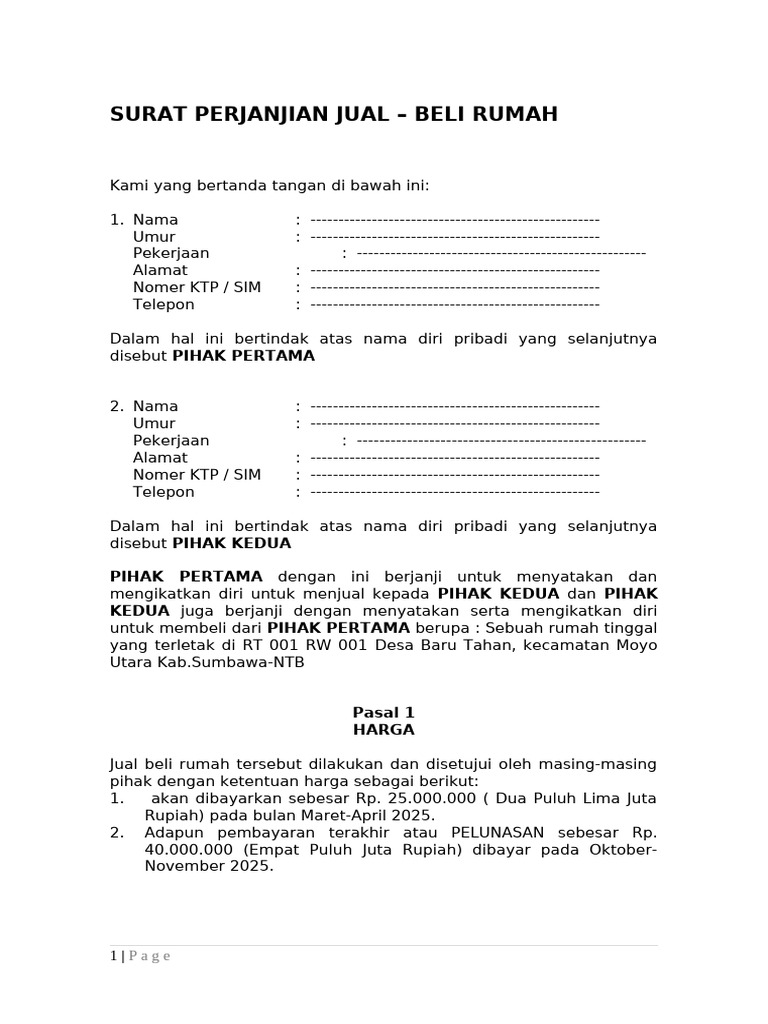 Surat Perjanjian Jual Beli Rumah NTB | PDF
