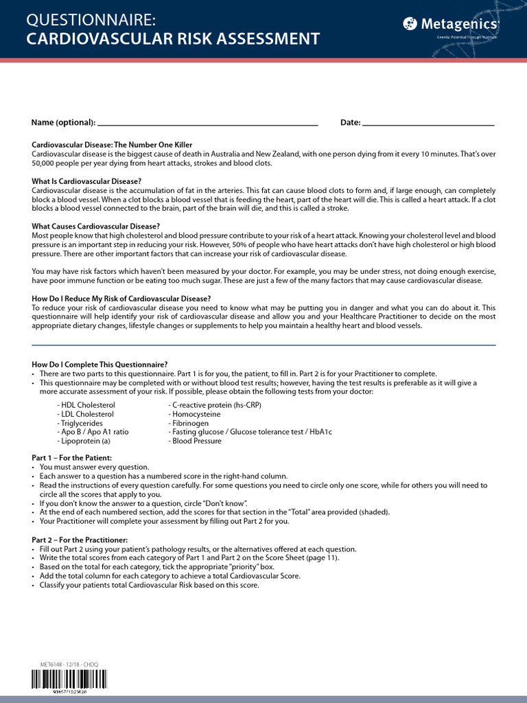 Cardiovascular Risk Assessment Questionnaire | PDF | Cardiovascular ...
