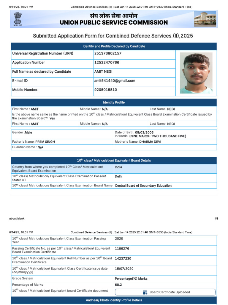 CDS II 2025 Application Details for Amit Negi | PDF
