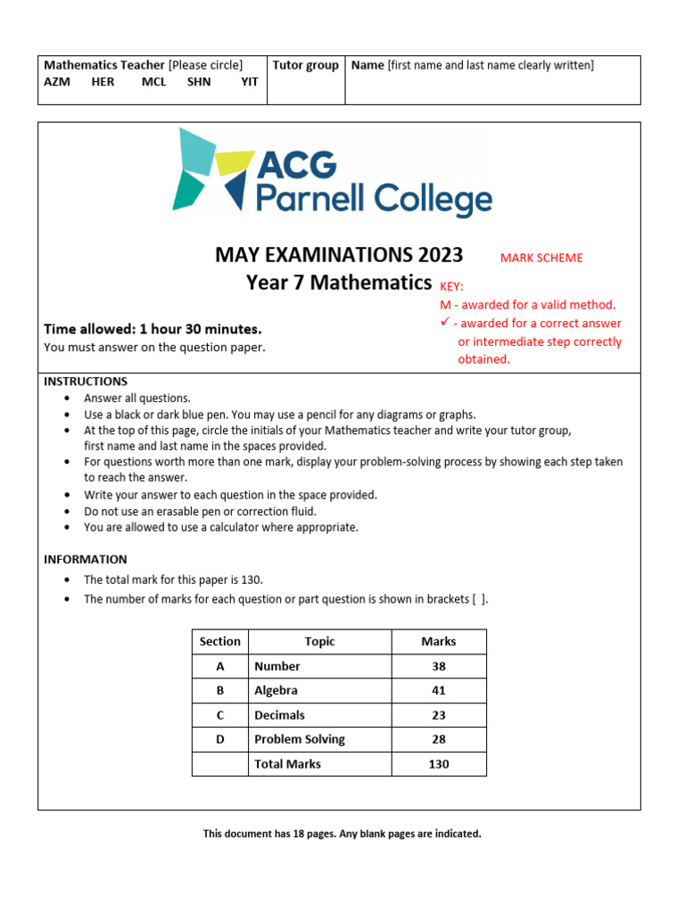 Year 7 Mathematics Exam Paper 2023 | PDF | Numbers | Elementary Mathematics