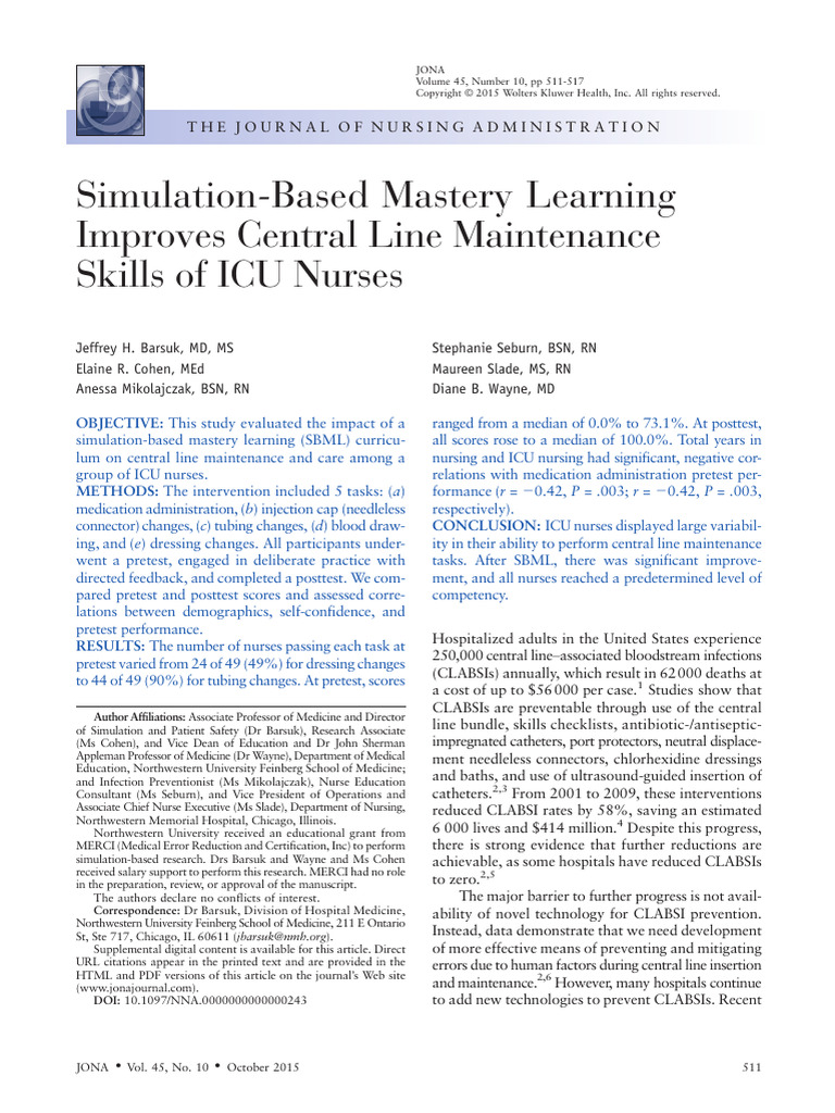 Simulation-Based Mastery Learning Improves Central Line Maintenance ...