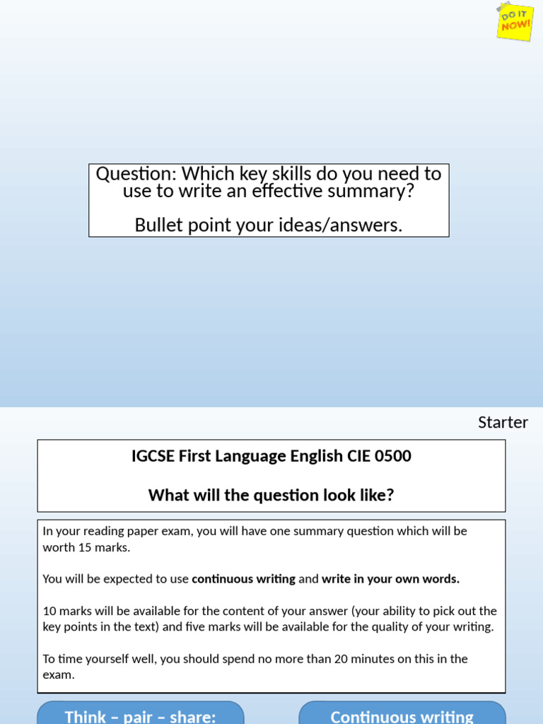 IGCSE Summary Writing Guide | PDF | Question | Cognitive Science