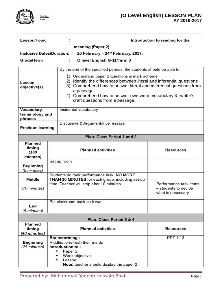 O Level English G11 Lesson Plan | PDF | Reading Comprehension | Learning