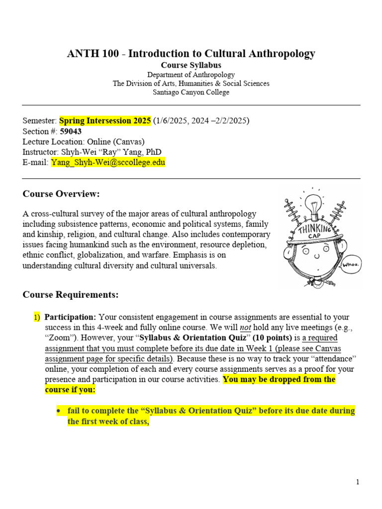 ANTH 100 Cultural Anthropology Syllabus | PDF | Textbook | Lecture