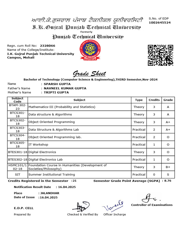 Grade Sheet: Bachelor of Technology (Computer Science & Engineering ...