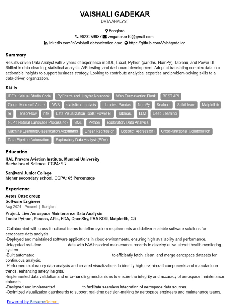 Vaishali Gadekar: Data Analyst Profile | PDF | Invoice | Usability