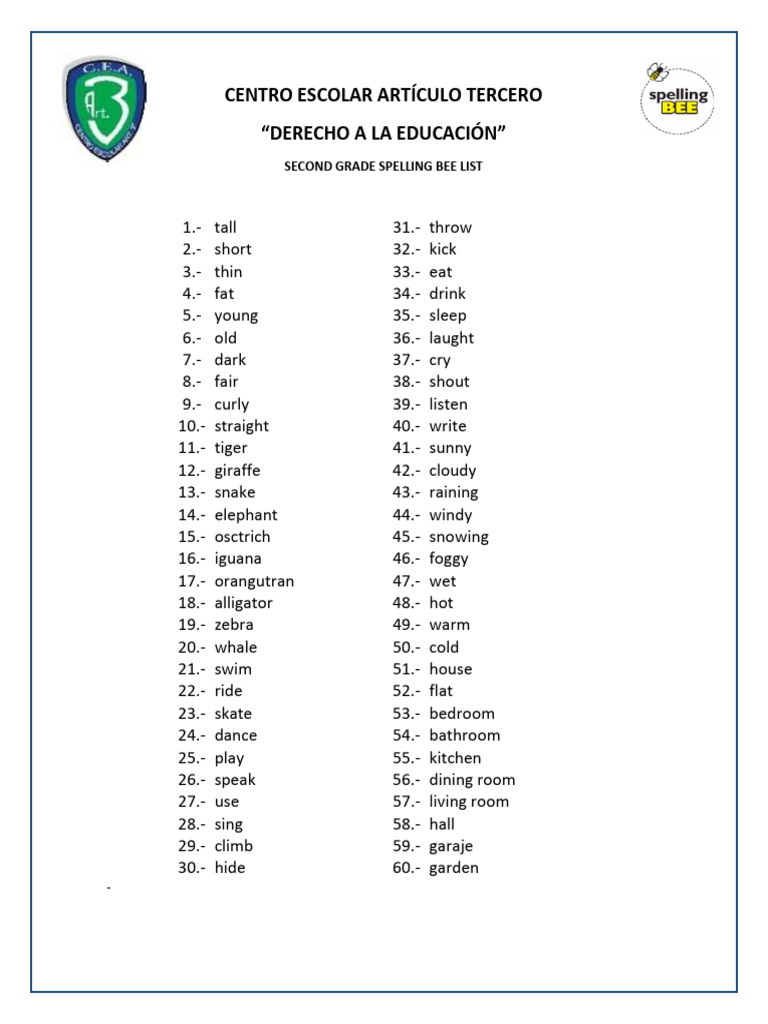 Second Grade Spelling Bee List | PDF