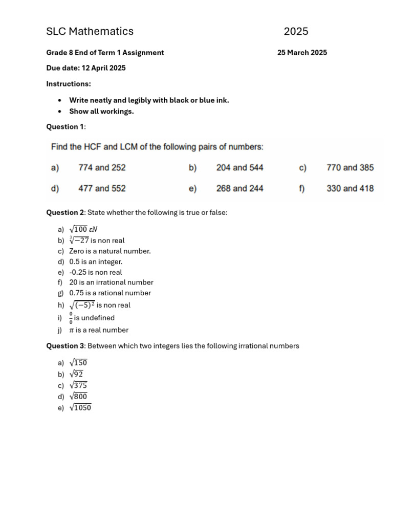 SLC Grade 8 Math Assignment 2025 | PDF