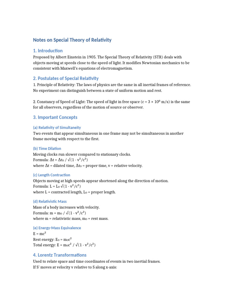 Special Theory of Relativity Notes | PDF | Special Relativity | Albert ...