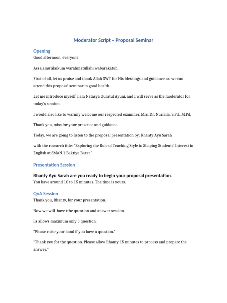 Moderator Script for Proposal Seminar | PDF