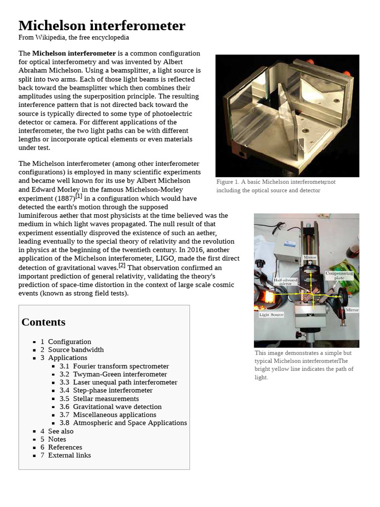 Michelson Interferometer Overview | PDF | Interferometry | Waves
