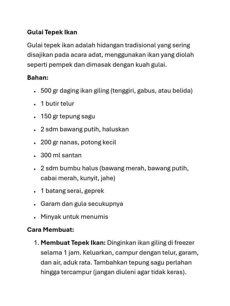Resep Gulai Tepek Ikan Tradisional | PDF