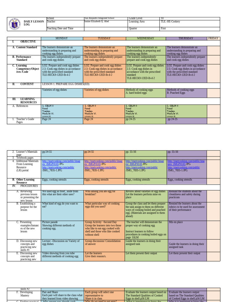 DLL Tle Cookery Grade10 Quarter1 Week3 Palawan Division | PDF | Cooking ...