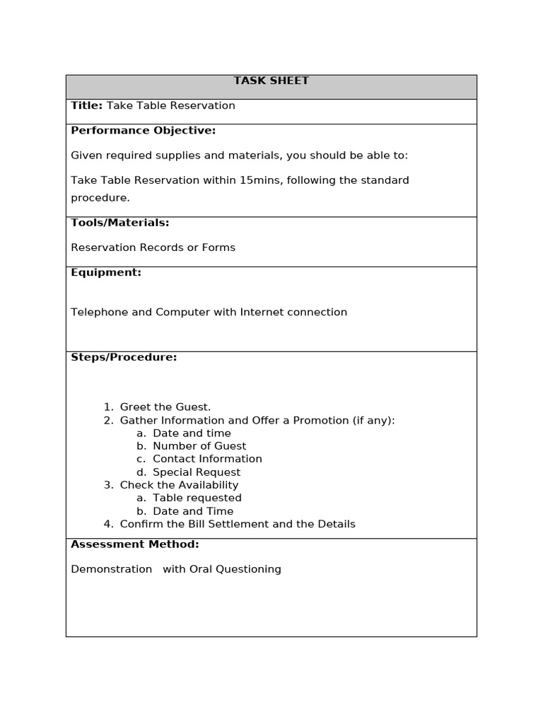 Table Reservation Procedure Guide | PDF