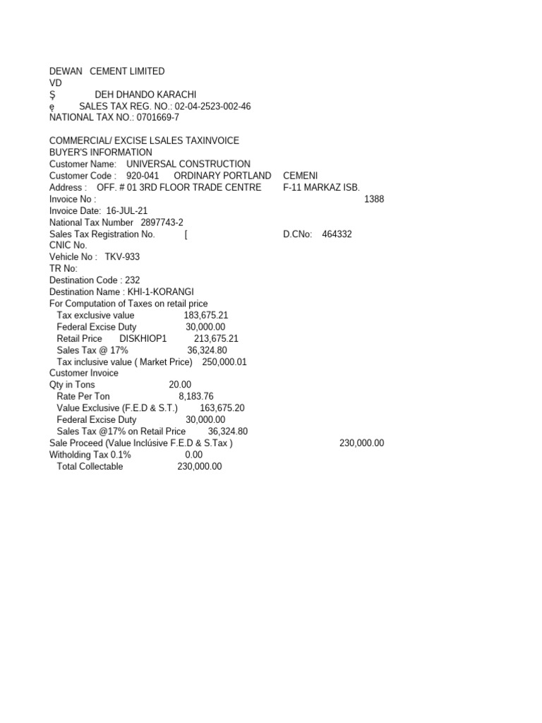 Dewan Cement Invoice for Universal Construction | PDF