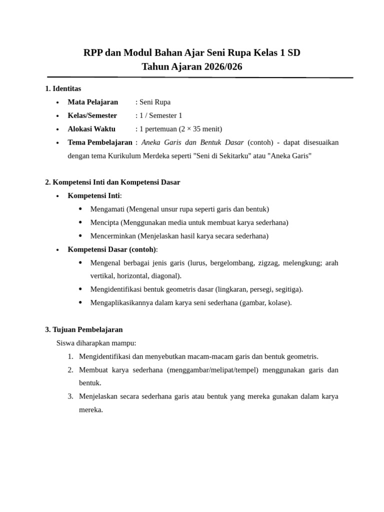 RPP Seni Rupa Kelas 1: Garis & Bentuk | PDF