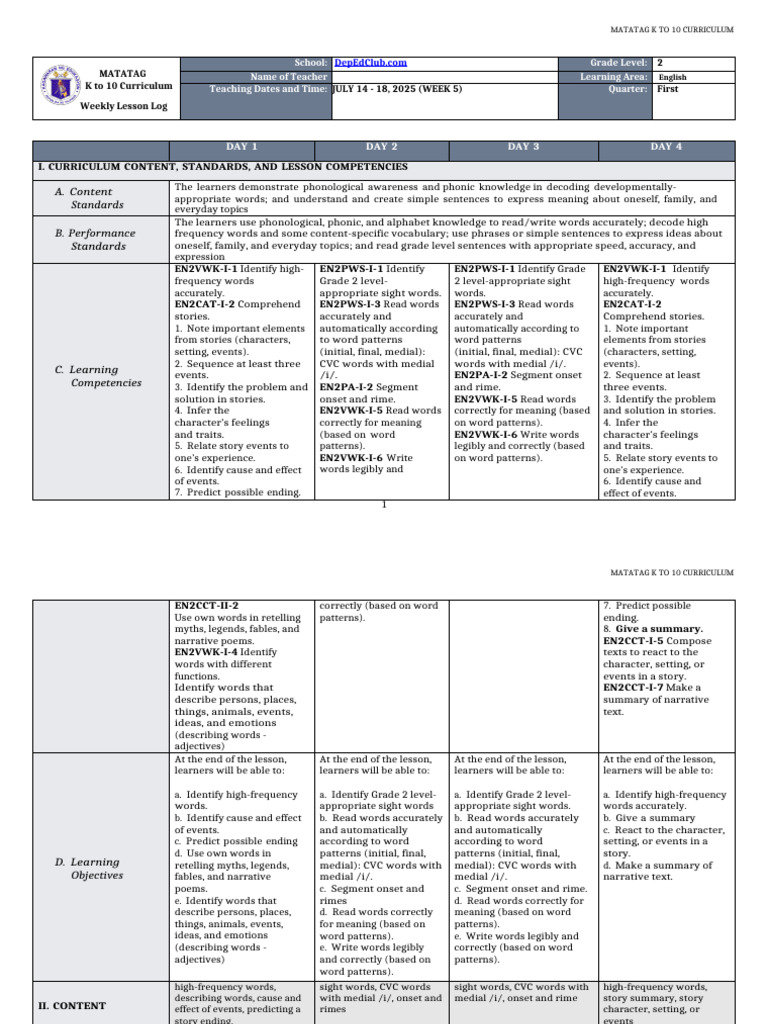 Grade 2 Week 5 Lesson Plan | PDF | Learning | Linguistics