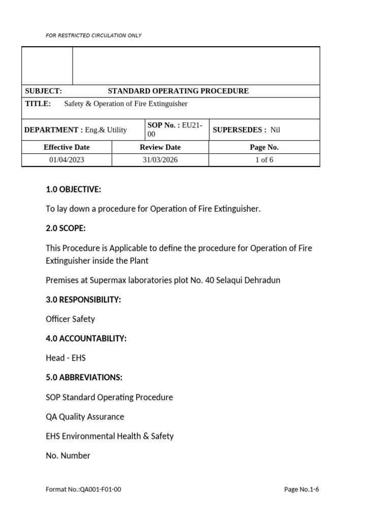 Fire Extinguisher SOP for Plant Safety | PDF