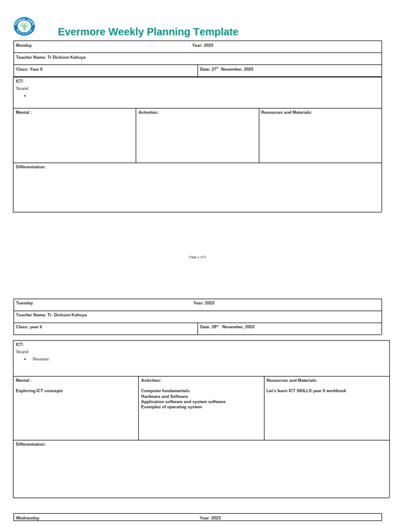 Year 6 Weekly ICT Planning Template | PDF | Information And ...