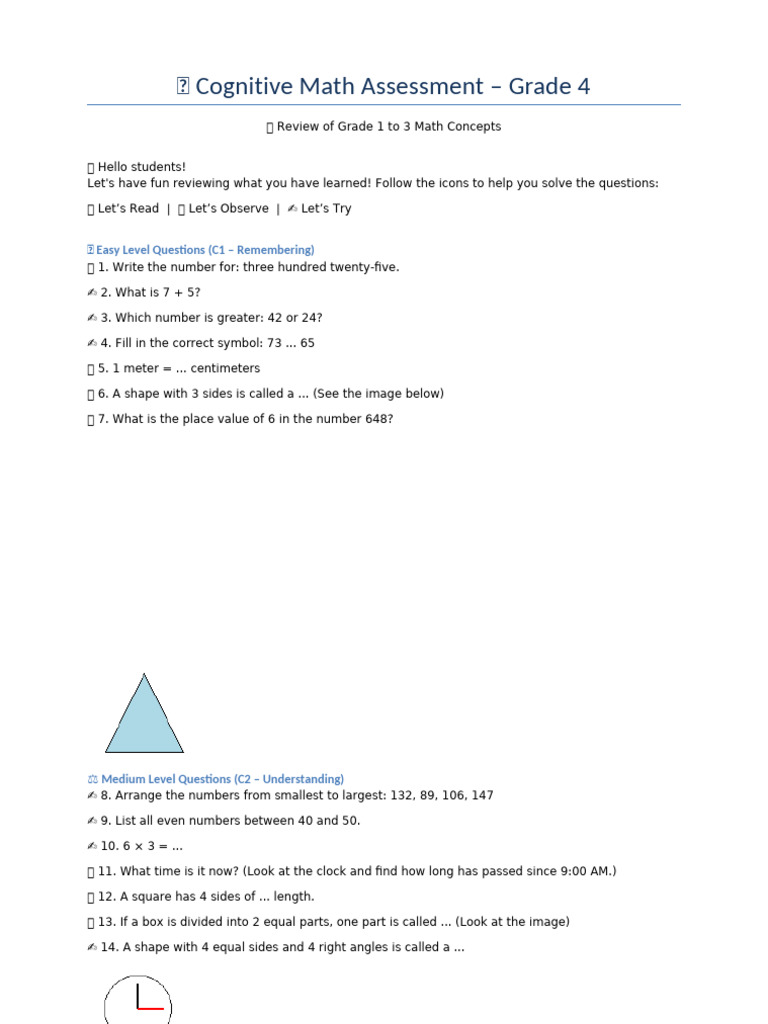 Grade 4 Cognitive Math Assessment | PDF