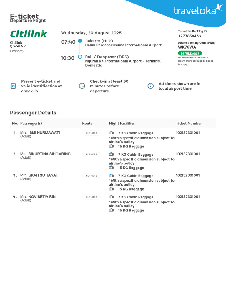 Citilink E-Ticket Details for HLP-DPS Flight | PDF | Transport | Aviation