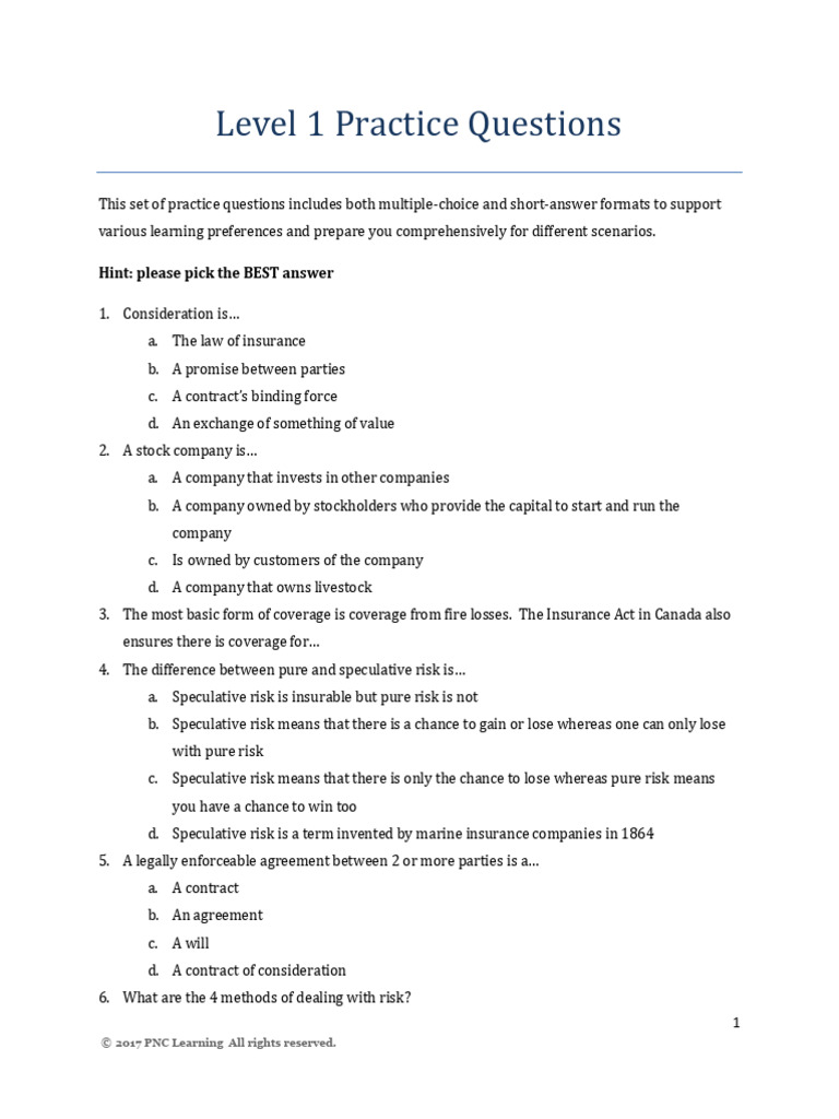 CAIB Level 1 Practice Exam Questions | PDF | Insurance | Home Insurance