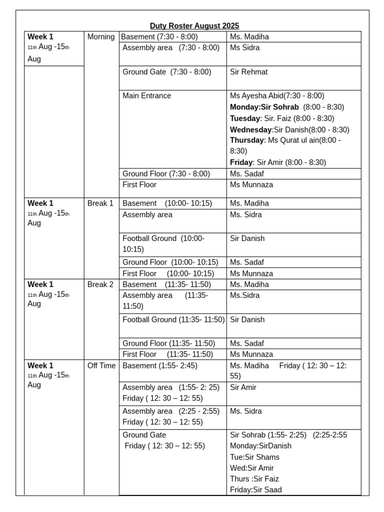August 2025 Teachers Duty Roster | PDF | Interior Design