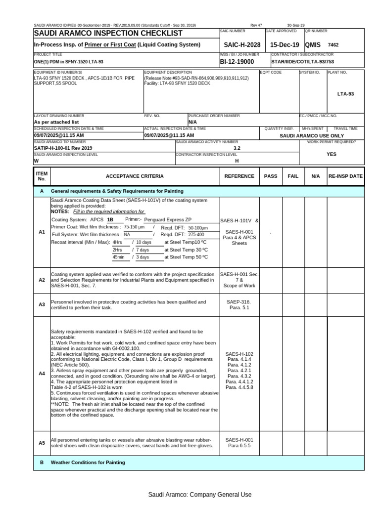 Saudi Aramco Inspection Checklist Guide | PDF | Paint | Pipe (Fluid ...